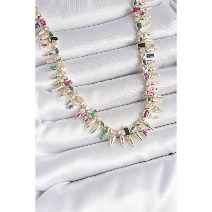 BFS Pirinç Gold Renk Zirkon Taşlı Diken Model VIP Seri Kadın Kolye