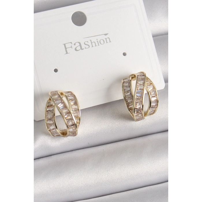 BFS Pirinç Gold Renk Zirkon Taşlı Düğüm Halka Model Kadın Küpe