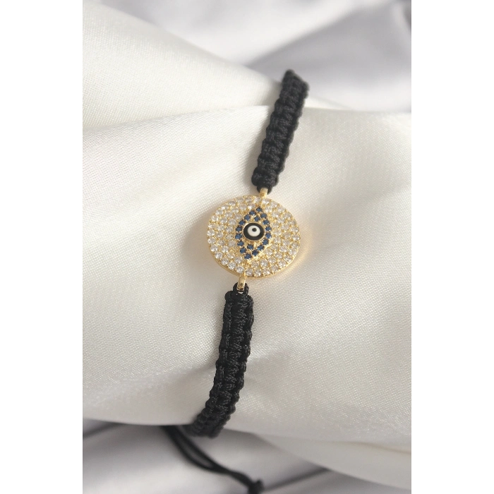 BFS Pirinç Gold Renk Zirkon Taşlı Göz İşlemeli Figür Asansörlü Makrome Model Kadın Bileklik