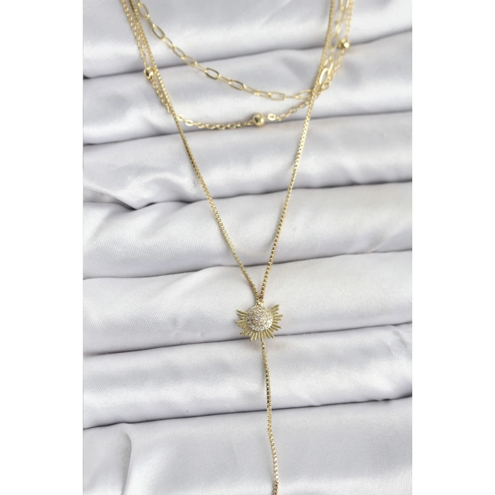 BFS Pirinç Gold Renk Zirkon Taşlı Güneş Model Detaylı 3lü Kombin Y Kadın Kolye
