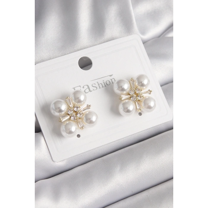 BFS Pirinç Gold Renk Zirkon Taşlı İncili Kadın Küpe