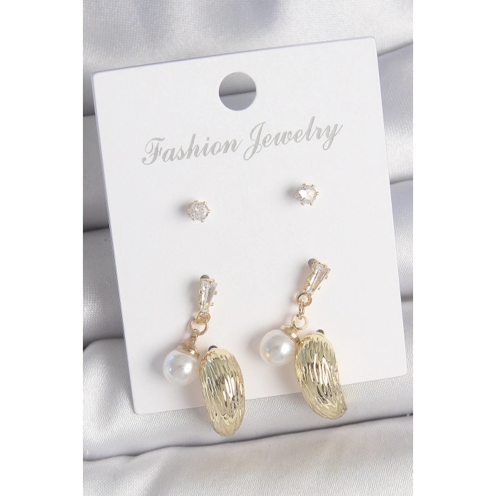 BFS Pirinç Gold Renk Zirkon Taşlı İncili Sallantılı İşlemeli Damla Model 3 Çift Kadın Küpe Seti