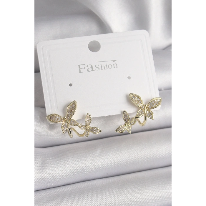 BFS Pirinç Gold Renk Zirkon Taşlı Kelebek Model Kadın Küpe