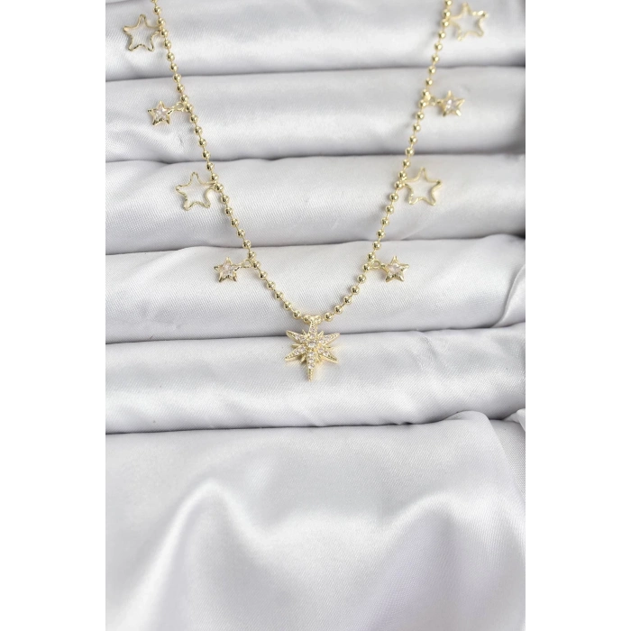 ÇOK SATAN BFS Pirinç Gold Renk Zirkon Taşlı Kutup Yıldızı Model Kadın Kolye