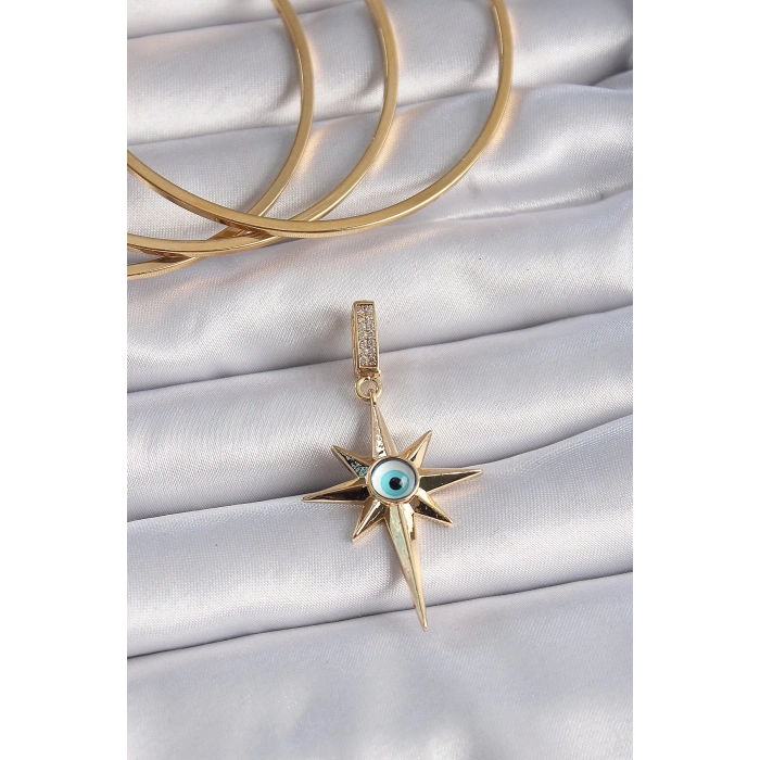 BFS Pirinç Gold Renk Zirkon Taşlı Kutup Yıldızı Nazar Boncuk Detay Ajda Charm