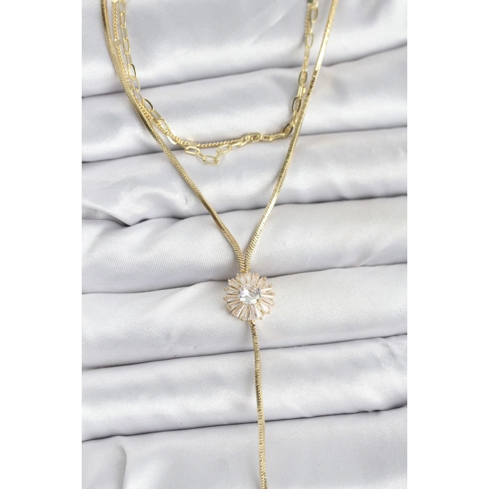 BFS Pirinç Gold Renk Zirkon Taşlı Papatya Model Detaylı 3lü Kombin Y Kadın Kolye