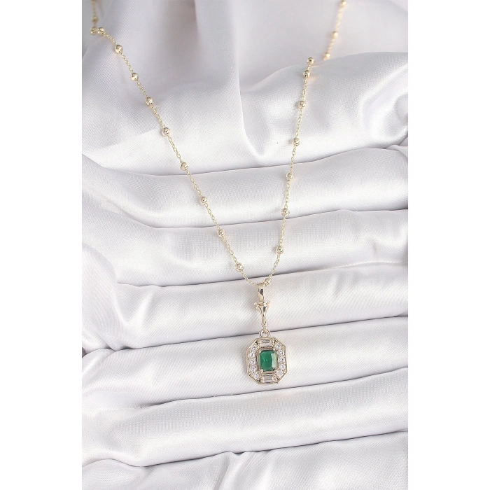 BFS Pirinç Gold Renk Zirkon Taşlı Topçuk Zincir Serenay Model Kadın Kolye