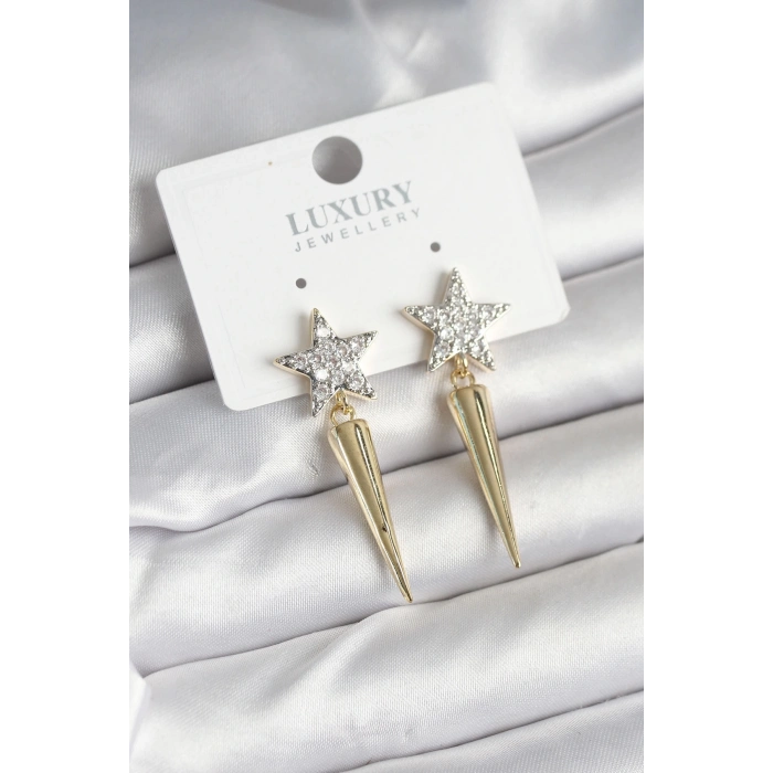 ÇOK SATAN BFS Pirinç Gold Renk Zirkon Taşlı Yıldız Model Çivi Kadın Küpe