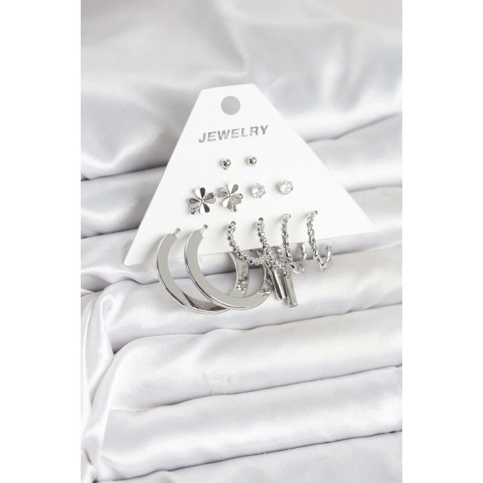 ÇOK SATAN BFS Pirinç Gümüş Renk 6 Çift Kadın Küpe Seti