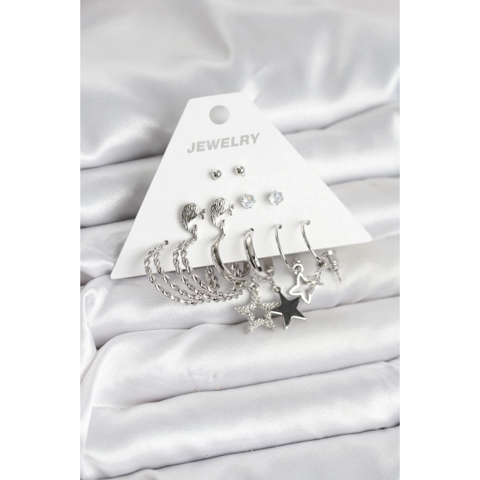 ÇOK SATAN BFS Pirinç Gümüş Renk 6lı Kadın Küpe Seti