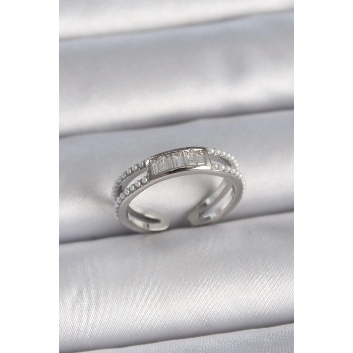 BFS Pirinç Gümüş Renk Ayarlanabilir Sıralı İncili Zirkon Taşlı Kadın Yüzük