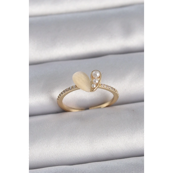 BFS Pirinç Gümüş Renk Ayarlanabilir Zirkon Taşlı Beyaz Mineli Kalp Model Kadın Yüzük