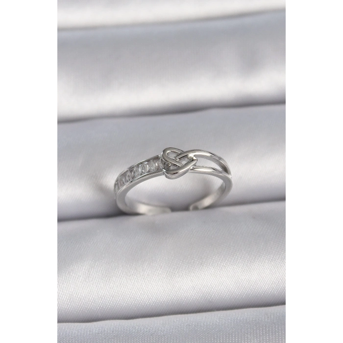 BFS Pirinç Gümüş Renk Ayarlanabilir Zirkon Taşlı Düğüm Kalp Model Kadın Yüzük