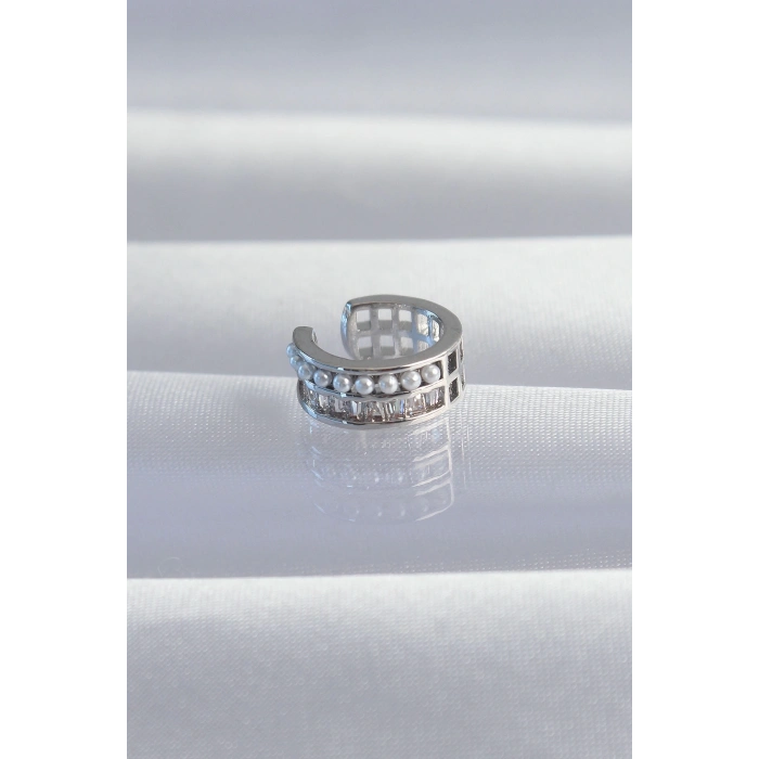 BFS Pirinç Gümüş Renk İncili Baget Taşlı Earcuff Küpe