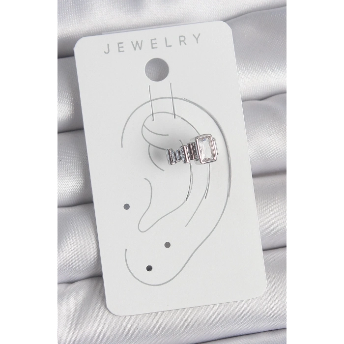 BFS Pirinç Gümüş Renk Kare Zirkon Taşlı Kadın Kıkırdak Model Küpe