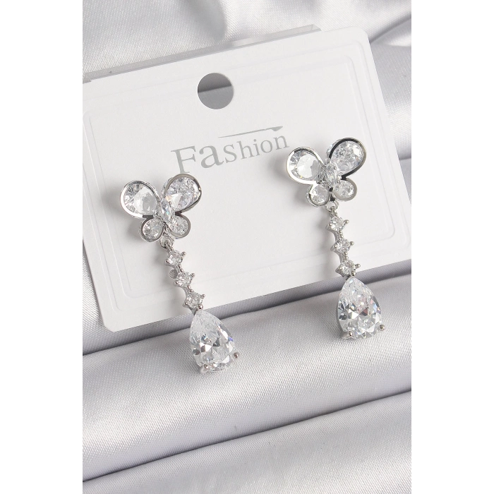 BFS Pirinç Gümüş Renk Kelebek Model Sallantı Damla Zirkon Taşlı Kadın Küpe