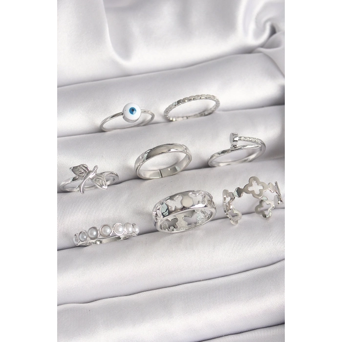 BFS Pirinç Gümüş Renk Nazar Boncuk Detay İncili Kelebek İşlemeli Kadın Yüzük Kombini