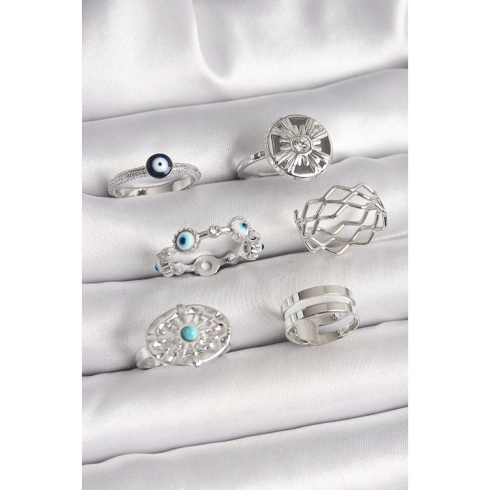BFS Pirinç Gümüş Renk Nazar Boncuk Zirkon Taş Detaylı Dalga Figür Kadın Yüzük Kombini
