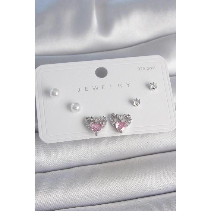 BFS Pirinç Gümüş Renk Pembe Zirkon Taşlı Kalp Model İnci Detay 925 Ayar Gümüş Çivi Kadın Küpe Seti