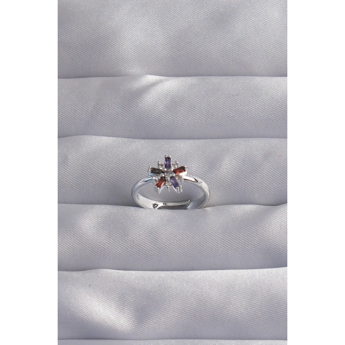 BFS Pirinç Gümüş Renk Renkli Zirkon Taşlı Ayarlamalı Yüzük