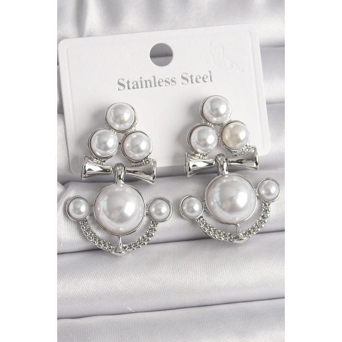 BFS Pirinç Gümüş Renk Sallantı İncili Çapa Model Kadın Küpe