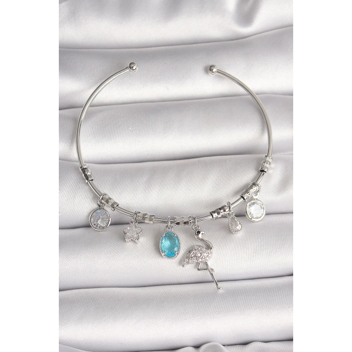 BFS Pirinç Gümüş Renk Sallantı Zirkon Taşlı Filaminga Figür Charm Kadın Bileklik