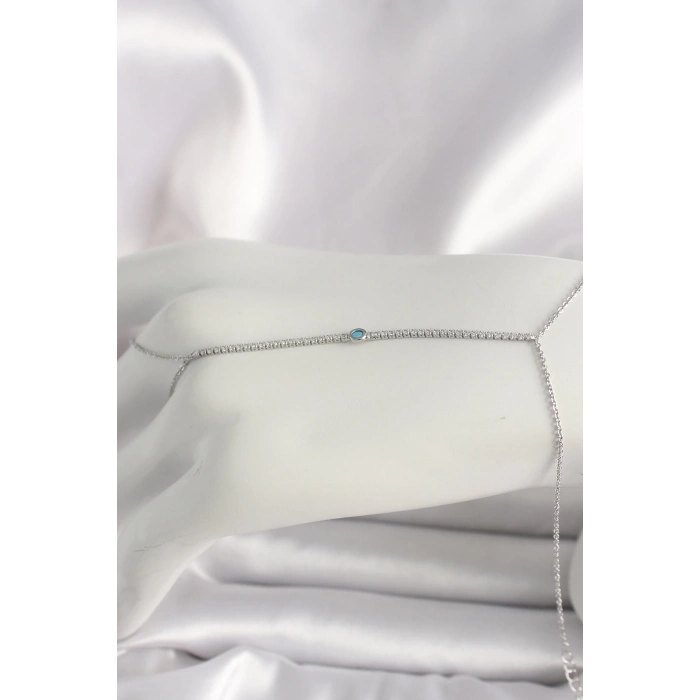 BFS Pirinç Gümüş Renk Su Yolu Zirkon Taşlı Mavi Taş Detaylı Kadın Şahmeran