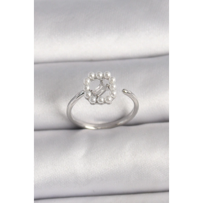 BFS Pirinç Gümüş Renk Zirkon Taş Detaylı İncili Ayarlanabilir Yüzük