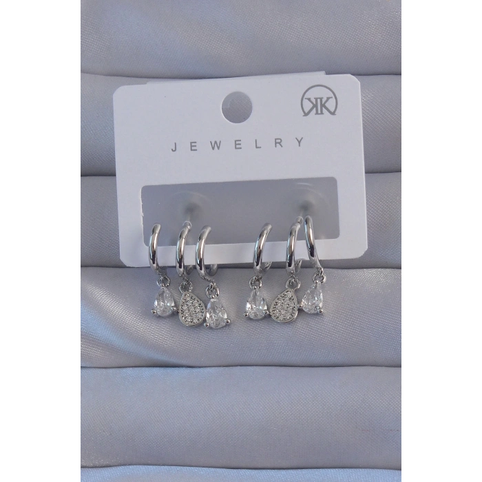 BFS Pirinç Gümüş Renk Zirkon Taşlı Damla Model Çoklu Görünüm Yarım Halka Küpe