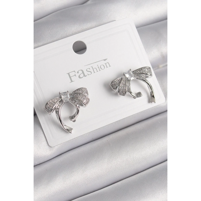 BFS Pirinç Gümüş Renk Zirkon Taşlı Fiyonk Model Kadın Küpe