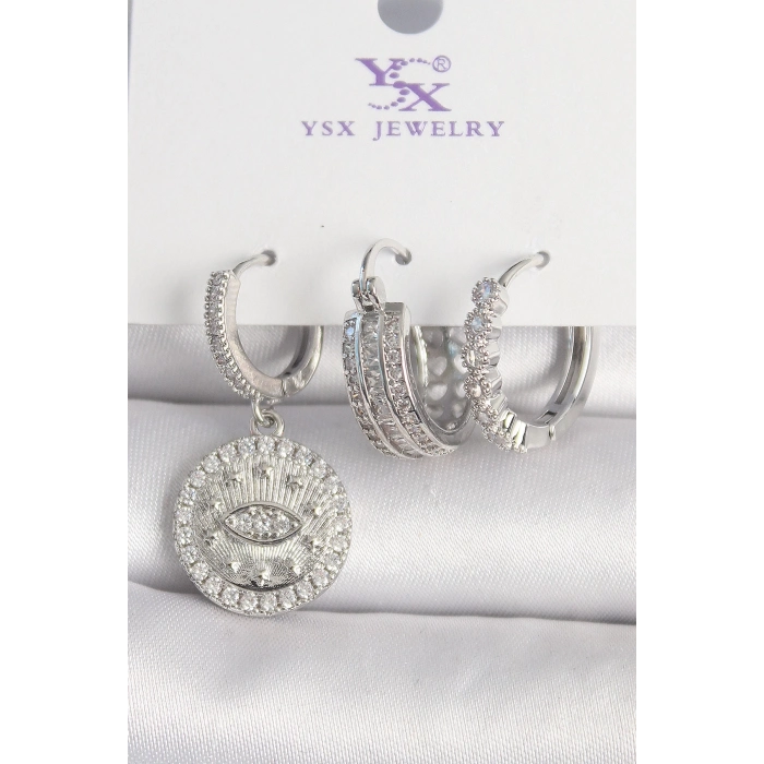 BFS Pirinç Gümüş Renk Zirkon Taşlı Göz İşlemeli Halka Model 3Lü Kadın Kombin Küpe