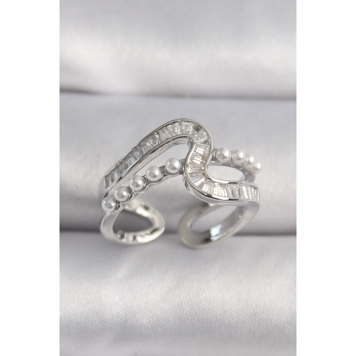 BFS Pirinç Gümüş Renk Zirkon Taşlı İnci Detay VIP Seri Kadın Yüzük