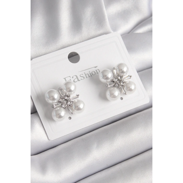 BFS Pirinç Gümüş Renk Zirkon Taşlı İncili Kadın Küpe