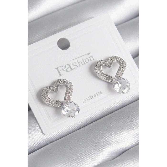 ÇOK SATAN BFS Pirinç Gümüş Renk Zirkon Taşlı Kalp Model Damla Zirkon Taş Detay Kadın Küpe