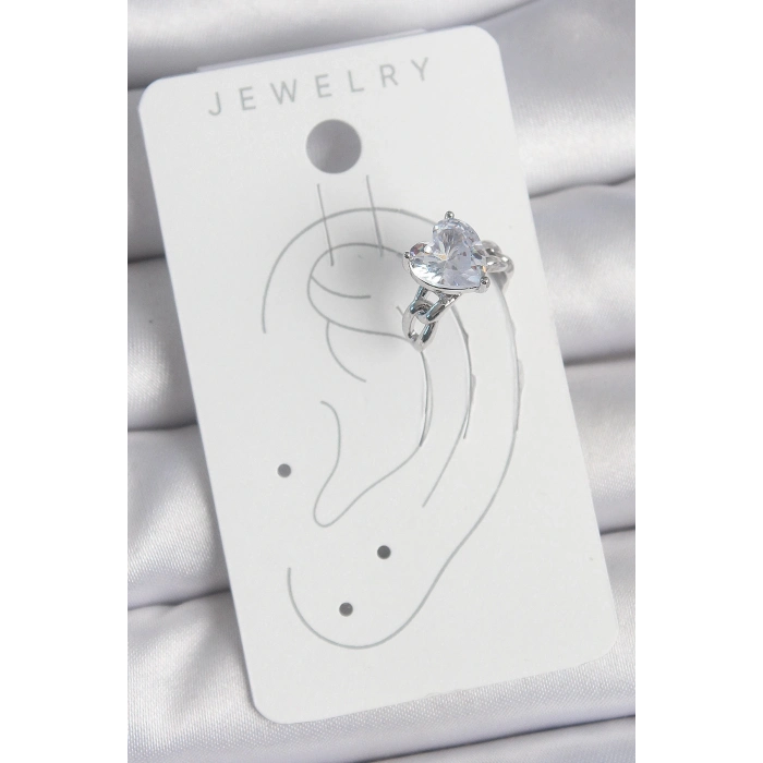 BFS Pirinç Gümüş Renk Zirkon Taşlı Kalp Model Kadın Kıkırdak Küpe