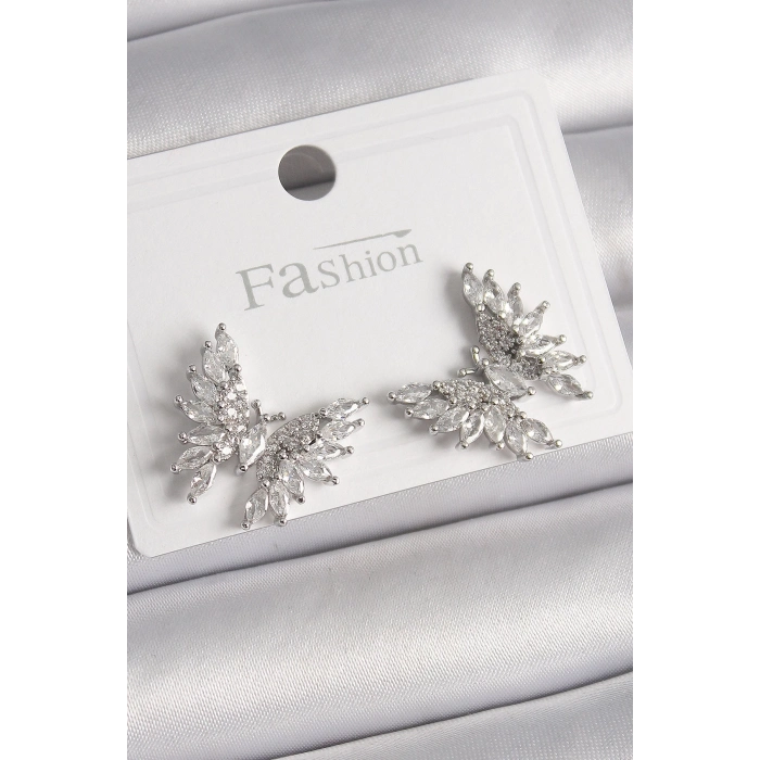 BFS Pirinç Gümüş Renk Zirkon Taşlı Kelebek Model Kadın Küpe