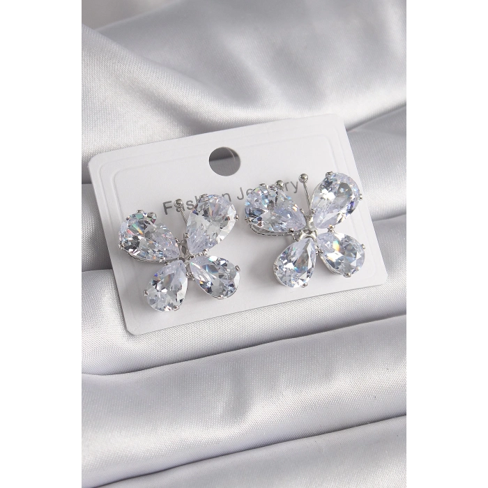 BFS Pirinç Gümüş Renk Zirkon Taşlı Kelebek Model Kadın Küpe