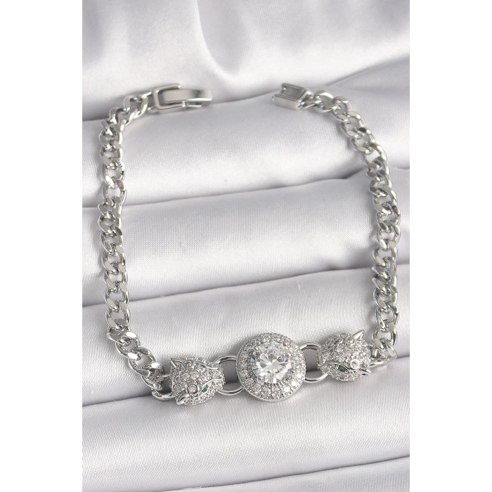 BFS Pirinç Gümüş Renk Zirkon Taşlı Leopar Figür Zincir Model Kadın Bileklik