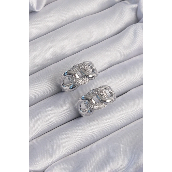 BFS Pirinç Gümüş Renk Zirkon Taşlı Samanyolu Küpe