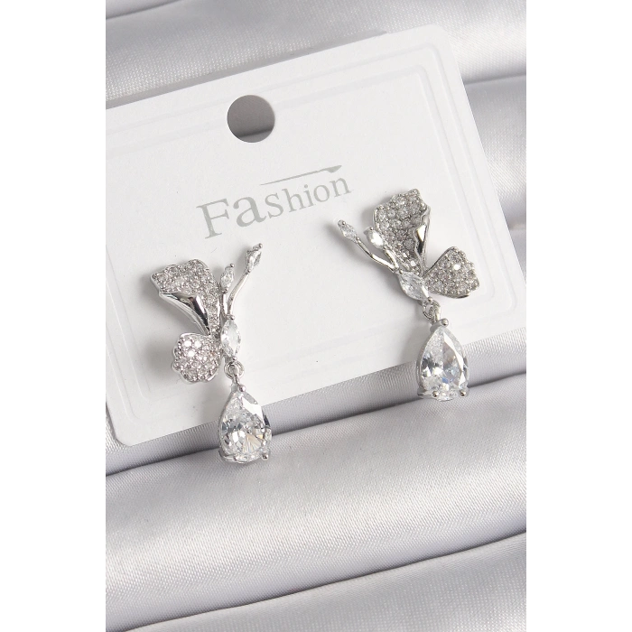 BFS Pirinç Gümüş Renk Zirkon Taşlı Turna Kuşu Model Sallantı Detay Kadın Küpe