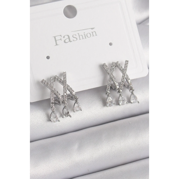 BFS Pirinç Gümüş Renk Zirkon Taşlı X Model Sallantı Detay Kadın Küpe