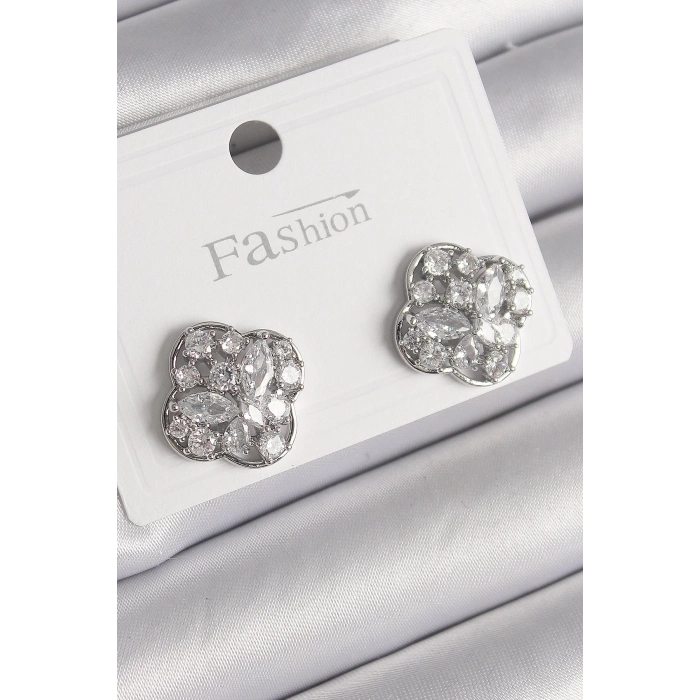 BFS Pirinç Gümüş Renk Zirkon Taşlı Yonca Model Kadın Küpe