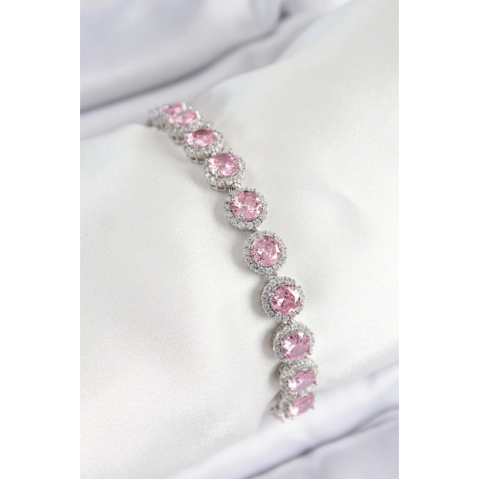 BFS Pirinç Pembe Zirkon Taşlı Daire Baget Model Gümüş Renk VIP Seri Kadın Bileklik