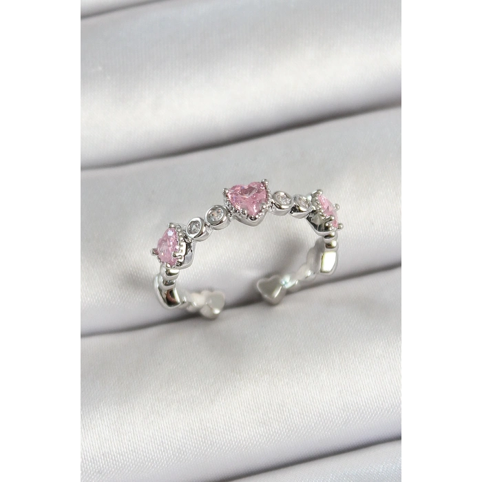 ÇOK SATAN BFS Pirinç Sıralı Kalp Figürlü Zirkon Taşlı Gümüş Renk Ayarlanabilir Kadın Yüzük