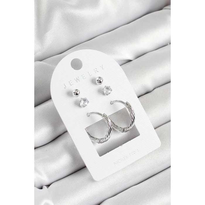 BFS Pirinç Zirkon Taş Ve Halka Figürlü Gümüş Renk 3lü Çift Kadın Küpe Set