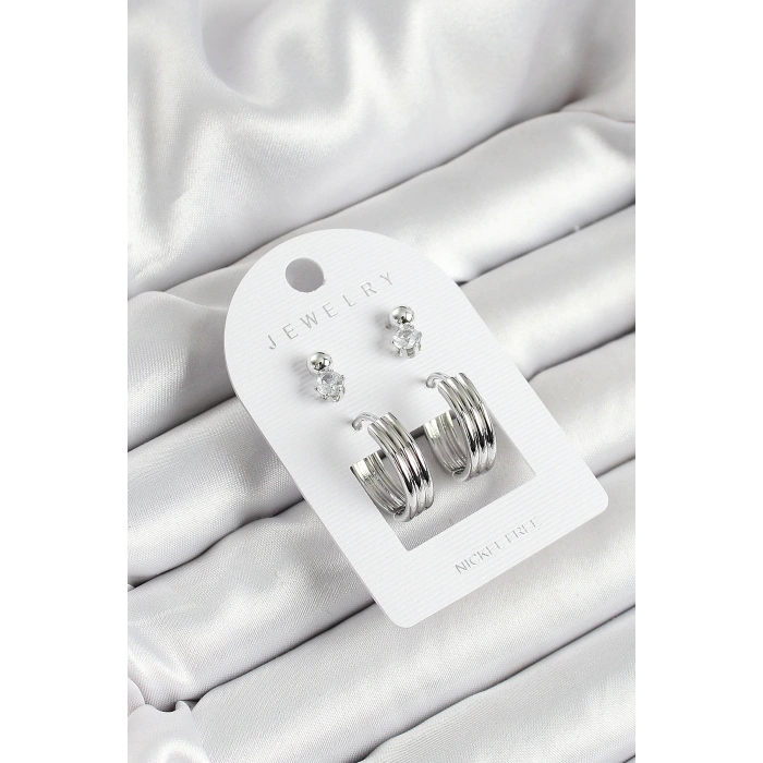 BFS Pirinç Zirkon Taş Ve Halka Figürlü Gümüş Renk 3lü Çift Kadın Küpe Set