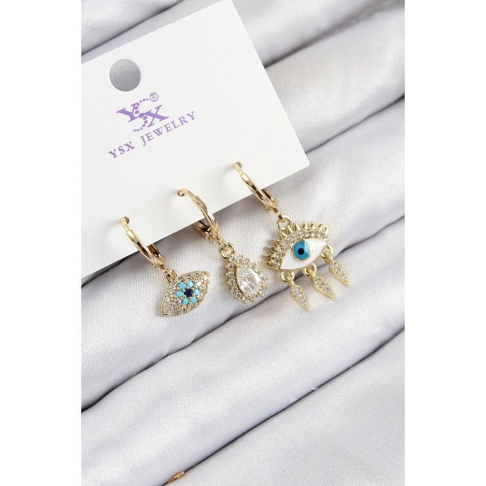 ÇOK SATAN BFS Pirinç Zirkon Taşlı 3lü Fatmanın Gözü Model Gold Renk Kadın Küpe