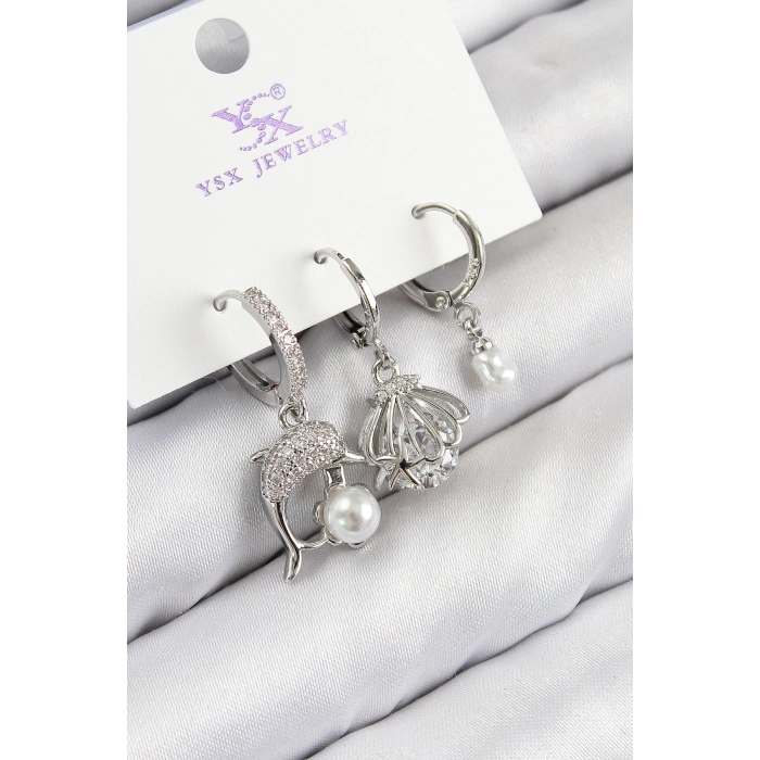 ÇOK SATAN BFS Pirinç Zirkon Taşlı 3lü Yunus Balığı Ve İstiridye Model Gümüş Renk Kadın Küpe