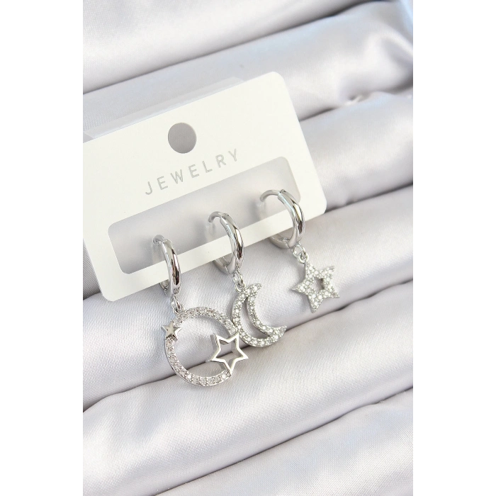 BFS Pirinç Zirkon Taşlı Ay Ve Yıldız Model Gümüş Renk 3lü Çift Kadın Küpe Set