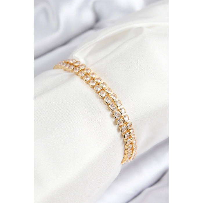 BFS Pirinç Zirkon Taşlı Çift Sıra Model Gold Renk Asansörlü Kadın Bileklik